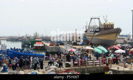 L'affollato porto di pesca di Essaouira in Marocco. I pesci sono sbarcati, venduti, cucinato e mangiato tutti sulla banchina Foto Stock