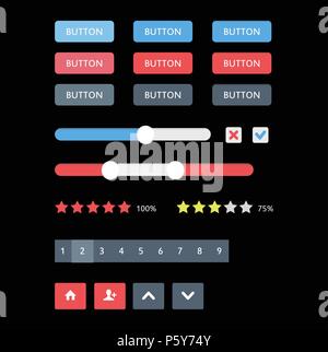 Interfaccia utente Web elementi. Pulsanti, interruttori, barre di alimentazione, pulsanti, cursori. Illustrazione Vettoriale
