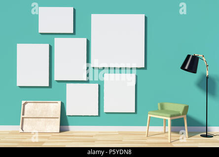 Sala interna con canvas vuoto per mock up sulla parete verde con sedia e lampada da terra, rendering 3D Foto Stock
