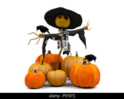 Lo Spaventapasseri sorridente e pila di zucche di Halloween Foto Stock