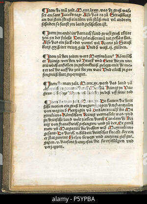 N/A. Im Ereignisnotizen Straßburger Kistler-Druck der Schwäbischen Chronik, aus Lirer, Thomas: Schwäbische Chronik, Straßburg [ca. 1499], ab Seite 262v . 1499. Sconosciuto 521 Ereignisnotizen Schwaebische Chronik Seite 263v Foto Stock