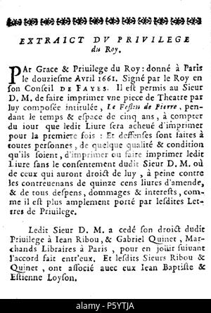 541 Extrait du privilège du festin de Pierre de Dorimond, Ribou 1665 Foto Stock