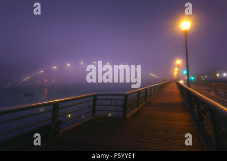 Notte di Nebbia a Plentzia bridge Foto Stock