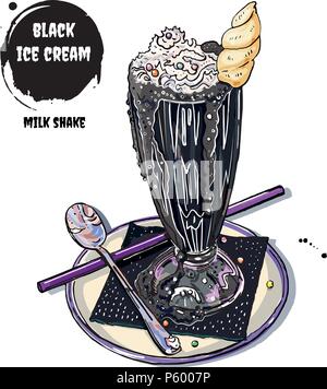 Black ice cream unicorn milk shake. Disegnata a mano illustrazione vettoriale. Schizzi ad acquerello, l'iscrizione. Isolato su sfondo bianco. Pastello alla Moda goth dessert fantasia. Trattare di Halloween. Illustrazione Vettoriale