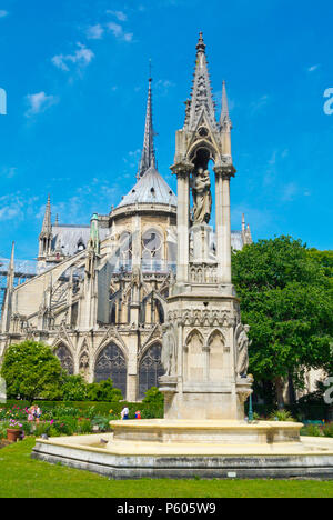 Un monumento San Jean-Paul II, di fronte la Cattedrale di Notre Dame de Paris, piazza Jean XXIII, Ile de la Cite, Parigi, Francia Foto Stock