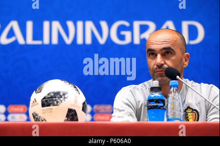 Belgio del capo allenatore Roberto Martinez durante la conferenza stampa a Kaliningrad Stadium. Foto Stock