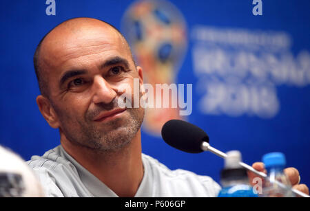 Belgio del capo allenatore Roberto Martinez durante la conferenza stampa a Kaliningrad Stadium. Foto Stock