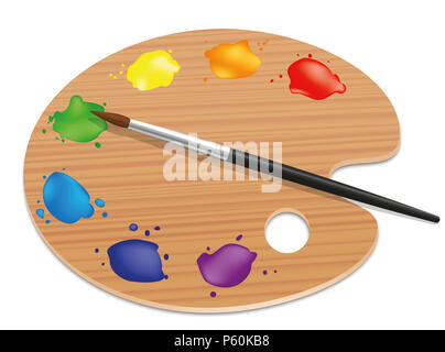 Tavolozza degli artisti. Verniciatura pannello di legno con colori diversi e un pennello - illustrazione su sfondo bianco. Foto Stock
