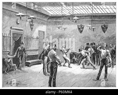 N/A. Inglese: un recinto-stanza a Parigi, inciso da un disegno da Henri Dupray . 1887. Henri Louis Dupray (1841-1909) nomi alternativi Henri Dupray Descrizione pittore francese Data di nascita e morte 3 novembre 1841 Maggio 1909 Luogo di nascita e morte di Sedan Paris Opera Parigi posizione competente controllo : Q5625716 VIAF:66498683 ISNI:0000 0000 6643 6852 ULAN:500049265 LCCN:N90717919 Aprire Libreria:OL1385169A WorldCat 552 Fencing-Room a Parigi 1887 Foto Stock