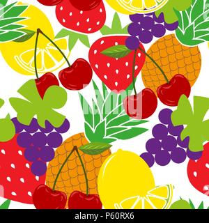 Seamless sfondo con vari frutti tropicali su bianco. Vettore fruit pattern. EPS 10. Illustrazione Vettoriale