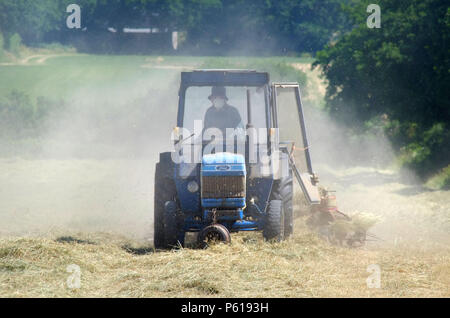 Mature, East Sussex, Regno Unito. Il 28 giugno 2018. La polvere si alza da osso campi a secco come un agricoltore rende il fieno mentre il sole risplende. Il Sud Est ha visto uno dei più secchi junes sul record. © Peter Cripps/Alamy Live News Foto Stock