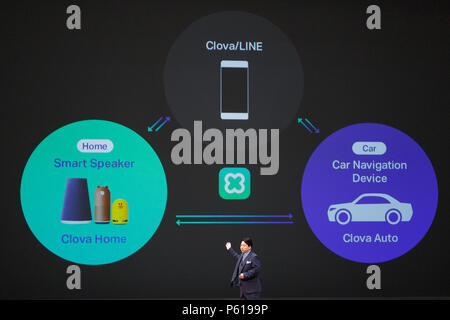 Jun Masuda Direttore e CSMO della linea Corp. parla durante la conferenza annuale ad anfiteatro Maihama il 28 giugno 2018, Chiba, Giappone. La linea ha presentato i suoi nuovi prodotti e servizi che includono una nuova generazione di intelligent assistenti personali (Clova amici mini e Clova Desk) per iPhone e Android gli utenti, che sarà disponibile alla fine del 2018. Rappresentante amministrazione da altri territori asiatici anche parlato di linea nei loro paesi. (Foto di Rodrigo Reyes Marin/AFLO) Foto Stock