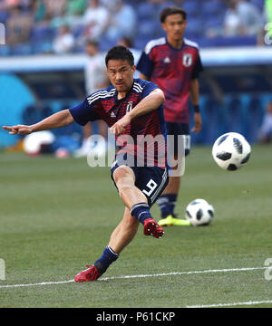 Volgograd, Russia. Il 28 giugno, 2018. Shinji Okazaki (anteriore) del Giappone si riscalda prima del 2018 della Coppa del Mondo FIFA Group H match tra il Giappone e la Polonia a Volgograd, Russia, 28 giugno 2018. Credito: Wu Zhuang/Xinhua/Alamy Live News Foto Stock