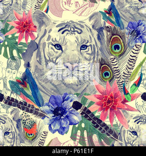 Vintage stile indiano tiger modello di testa con le piume, fiori e foglie. Acquerello disegnato a mano. Foto Stock