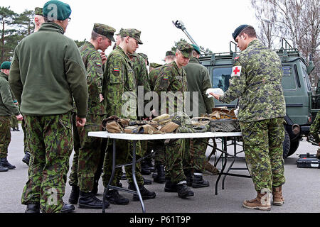 Soldati lituano visualizzare un soldati canadesi' attrezzature mediche durante una visualizzazione statica a seguito della cerimonia di apertura del riparo estivo XIII, 17 aprile in Adazi Base Militare, Lettonia. I soldati della sede e sede di truppe, 3° Stormo e C Batteria, campo squadrone di artiglieria, 2° reggimento di cavalleria nella regione di funzionamento di supporto Atlantic risolvere partecipano inoltre a due-la settimana di esercizio di interoperabilità, Estate scudo XIII, a fianco degli alleati dalla Lettonia, Canada, la Lituania, la Germania e la Finlandia.(STATI UNITI Esercito foto di Sgt. Paige Behringer, decimo premere Camp la sede centrale) Foto Stock