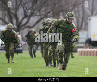 Allievo Ufficiale Matteo settimane, uno studente del terzo anno dell'Royal Military College of Canada conduce i suoi compagni di cadetti per il prossimo evento durante il Sandhurst annuale concorso tenutosi presso l'Accademia Militare degli Stati Uniti Apr. 8-9, 2016. Il Sandhurst la concorrenza è un evento annuale tenutosi presso l'Accademia Militare degli Stati Uniti (USMA) dove i cadetti delle accademie militari di tutto il mondo di competere in una varietà di abilità di soldato in cui Non-Commissioned Funzionari della società A e B della terza Bn., 304th Inf. Reg. (USMA) sia di guida e di valutare i cadetti sulle loro prestazioni. (U.S. Foto dell'esercito da S Foto Stock