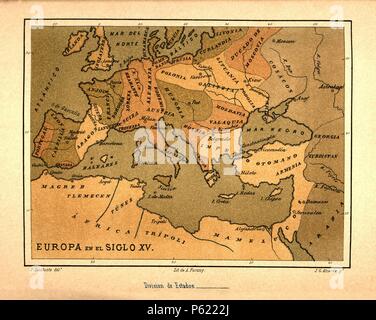 Mapa de Europa en el Siglo XV publicado en el libro Historia universale, de Felipe Picatoste. Madrid, 1890. Foto Stock