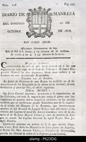 PRENSA ESPAÑOLA. CATALUÑA. SIGLO XIX. 'Diario de Manresa'. Nº 118. 16 de octubre de 1808. Impreso en Manresa por Martín Trullás. Foto Stock