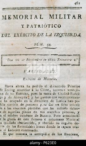 PRENSA ESPAÑOLA. SIGLO XIX. (GUERRA de la Independencia, 1808, 1814). 'MEMORIAL MILITAR Y PATRIOTICO". "Exercito de la Izquierda'. nº 54 (dia 20 de noviembre de 1810). CAMPO-MAYOR de La Imprenta Militar del Exercito de la Izquierda. Biblioteca de Cataluña. Barcellona. Foto Stock