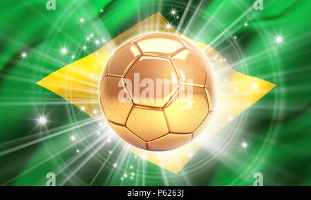 Oro Pallone da calcio illuminati con stelle su una bandiera del Brasile. Campione del mondo. 3D illustrazione Foto Stock