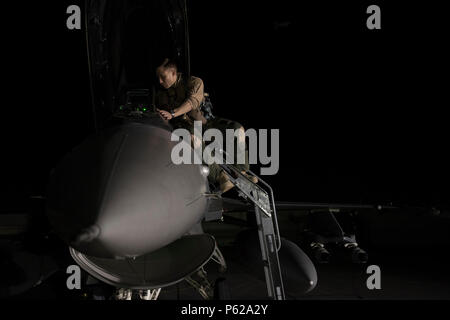 Il cap. Jay Doerfler, 421st Expeditionary Fighter Squadron pilota, nelle salite al suo F-16 Fighting Falcon prima di uscire su un volo sono stati ha superato 1000 combattere ore di volo a Bagram Airfield, Afghanistan, Aprile 7, 2016. Doerfler ha volato due diversi aeromobili, la MC-12 e F-16, in più di 200 missioni di combattimento da Kandahar e aerodromi Bagram durante più distribuzioni. Doerfler passerà a F-35 Lightning II dopo il suo tempo in Afghanistan. (U.S. Air Force foto/Tech. Sgt. Robert Cloys) Foto Stock