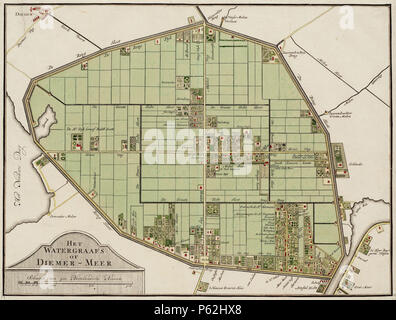 N/A. Nederlands: Beschrijving Het Watergraafs di Diemer-Meer Kaart van de Watergraafsmeer. Porta Gegraveerd Daniel Stoopendaal. Schaal ca. 1:10.000. Porta Uitgegeven Andries en Hendrik de Leth, kunsthandelaars op de Beurssluis in de Visscher. De kaart werd opgenomen in het Verheerlykt Watergraefs- di Diemer-Meer, de Stadt Amsterdam (...), beschreven porta Brouërius Matthaeus van Niedek. Oriëntatie: zuid boven. Documenttype kaart Vervaardiger Stopendaal, Daniël Leth, A. en H. de Collectie Collectie Atlas Splitgerber Datering 1725 Geografische naam Watergraafsmeer Inventarissen http://archief.am Foto Stock