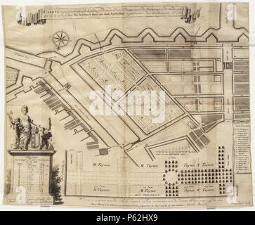 N/A. Nederlands: Beschrijving Caarte waarin vertoont werd de platte grond van de Nieuwe Plantage tussen de Heere gragt en de Muider Poort; zoals de zelve da de Ed. Achtbaren Raad der der Stad Amsterdam è gearresteert, den 16 Gennaro Ao. 1682 Kaart met een nieuwe parkindeling van de Plantage. Getekend en uitgegeven porta Giacobbe Bosch. Porta Gegraveerd Daniël Stoopendael. 1e uitgave. Schaal ca. 1:4.400. In de titel wordt verwezen naar het besluit van het stadsbestuur hieromtrent van 16 januari 1682. Met een register van de lengte en breedte der kavels (Speeltuinen genoemd). De kaart heeft als vo Foto Stock