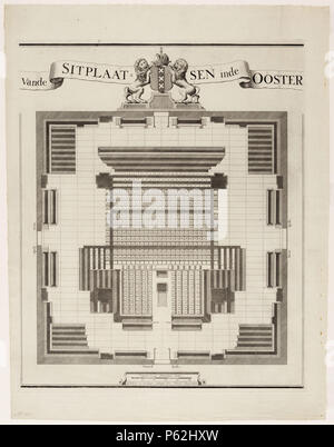 N/A. Nederlands: Beschrijving Vande Sitplaatsen in de Ooster Plattegrond van zitplaatsen in de Oosterkerk, Wittenburgergracht 25. Iniziare en eind van het bovenschrift en de flankerende afbeeldingen van de kerk van buiten en van binnen zijn op aparte bladen gedrukt en ontbreken hier. Zie daarvoor o.a. afb.nr. 010094002863 en 010094002864 Documenttype prent Vervaardiger Stopendaal, Daniël Collectie Collectie Atlas Splitgerber Datering 1700 ca. Geografische naam Wittenburgergracht Gebouw Oosterkerk Inventarissen http://archief.amsterdam/archief/10001 Afbeeldingsbestand 010001000882 . circa 1700. D Foto Stock