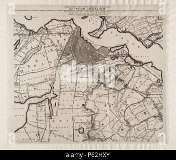 N/A. Nederlands: Beschrijving Afbeeldingen Van De Wydvermaarde En Beroemde Koopstad Amsteldam (...) Kaart van Amsterdam en het gebied ten zuiden van de stad. Gemeten en porta getekend Gerrit Drogenham, porta gegraveerd Daniel Stopendaal. Schaal ca. 1:25.000. Uitgave Nicolaas Visser. Incontrato Octroy van de Edele Hoogmogende Heren Staten Generaal Der Verenigde Nederlanden. De kaart werd met een eigen titel gedrukt. Deze kon worden uitgebreid met zes andere bladen die rond de hier beschreven kaart gemonteerd konden worden om zo een grotere kaart van Amstelland te presenteren met een daarbij behorende ni Foto Stock