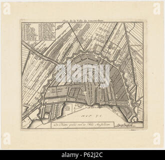 N/A. Nederlands: Beschrijving De Platte grond van de stad Amsteldam. Plan de la Ville de Amsterdam Kaart van Amsterdam. Ontwerp porta Daniel Stopendael. 3e uitgave. Schaal ca. 1:24.000. Porta Uitgegeven Hendrik de Leth. De kaart werd opgenomen in de: Nieuwe geographische en historische atlas van de Zeven Vereengde Nederlandsche Provintien, porta uitgegeven Hendrik de Leth. Dit werk verscheen voor het eerst in 1740. De laatst bekende editie dateert van 1772. Voor een 2e uitgave van de kaart zie: ASA, collectie Kok: 10095/154, voor een 4e uitgave: 10095/155. Oriëntatie: zuidzuidwest boven. Documento Foto Stock