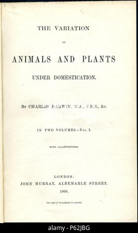 N/A. Pagina del titolo dalla prima edizione di Charles Darwin il libro di variazione di animali e piante sotto la domesticazione pubblicato nel 1868 . Gennaio 1868. Charles Darwin (1809-1882) nomi alternativi Charles Robert Darwin Descrizione naturalista britannico e autore Data di nascita e morte 12 Febbraio 1809 19 aprile 1882 Luogo di nascita e di morte La Mount, Shrewsbury Down House competente controllo : Q1035 VIAF:27063124 ISNI:0000 0001 2125 1077 ULAN:500228559 LCCN:N78095637 NARA:10580367 WorldCat 413 Variazione di Darwin 1868 pagina titolo Foto Stock