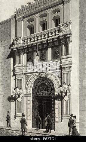 Spagna. Madrid. Scientifica, letteraria e artistica di Ateneo. Esterno. Incisione in spagnolo e illustrazione americana, 1892. Foto Stock