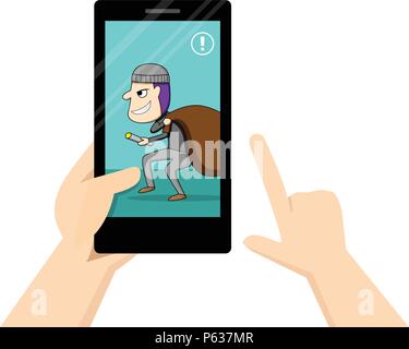 L'uomo guarda smartphone che mostra ilse in casa sua, arte vettoriale Illustrazione Vettoriale