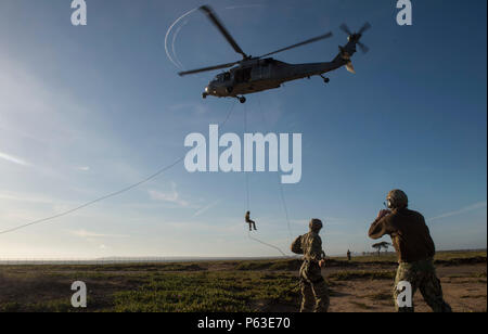 160421-N-RM689-311 Imperial Beach, California (21 aprile 2016)- Un'eliminazione degli ordigni esplosivi tecnico, assegnato per l'eliminazione degli ordigni esplosivi unità mobile 11 (EODMU 11), respinge da un MH-60S Seahawk, attaccato al mare in elicottero Combat Squadron 23 (HSC 23), nel corso di un elicottero di corda di formazione della sospensione (HRST) corso. Durante HRST EODMU, 11 membri pratica, colata di repulsione e di fast roping tecniche durante il giorno e poi durante la notte per mantenere le certificazioni necessarie per l'EOD rate. (U.S. Foto di Marina di Massa Specialista comunicazione marinaio Kelsey L. Adams/rilasciato) Foto Stock