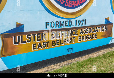 Close up di Ulster Defence murale di associazione alla libertà angolo, Newtownards Road nella zona est di Belfast. Foto Stock