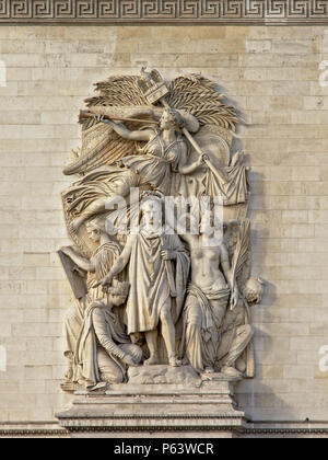 Statua di Pietra della triomph da Jean-Pierre Cortot, mostrando l'imperatore Napoleone, coronata dalla dea della vittoria particolare del Arc de triomphe monumento in P Foto Stock