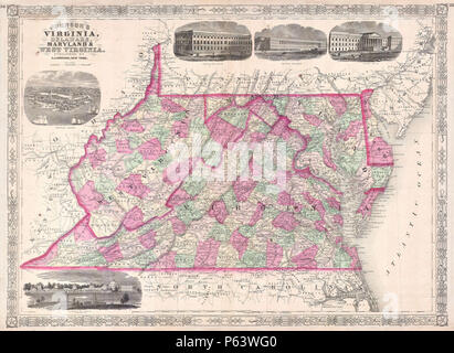 1864 Johnson Mappa della Virginia, Delaware, Maryland e Virginia Occidentale - Geographicus - VAWV-J-64. Foto Stock