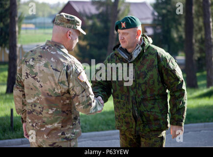 Lt. Col. Nick Ducich, comune di formazione multinazionale Group-Ukraine commander (sinistra), saluta il Mag. Gen. Almantas Leika, Lituana Forze terrestri commander (destra), Aprile 20, 2016 durante la sua visita per il mantenimento della pace internazionale e il Centro di sicurezza. Il lituano le forze di terra sono parte della multinazionale sforzo di formazione per aumentare l'Ucraina della capacità di auto-difesa. (U.S. Foto dell'esercito da Capt. Russell M. Gordon, decimo premere Camp la sede centrale) Foto Stock