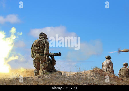 I soldati assegnati alla sede centrale e sede di truppe, 3° Stormo, 2° reggimento di cavalleria, un incendio A-4 anti-serbatoio arma durante un anti-serbatoio e air defense artillery range, 23 aprile a Adazi Base Militare, Lettonia. Americani e soldati lettoni addestrata utilizzando una varietà di armi, incluso il lancio del giavellotto missili anticarro, Carl Gustav recoilless anti-serbatoio fucili e la RBS-70 a corto raggio la difesa aerea a guida laser sistema missilistico. Soldati provenienti da cinque Organizzazione del Trattato del Nord Atlantico nazioni, tra cui il Canada, la Germania e la Lituania sono state conducendo una ampia gamma di corsi di formazione insieme durante l'estate Foto Stock