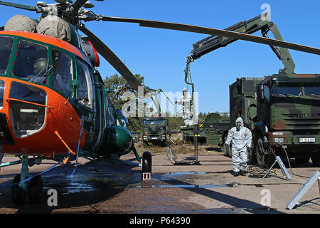 Durante il distinto ospite giorno wrapping up estate scudo XIII, senior leader e ospiti illustri testimoni di una multinazionale di dimostrazione di decontaminazione, 28 aprile a Adazi Base Militare, Lettonia. Soldati provenienti da cinque Organizzazione del Trattato del Nord Atlantico nazioni, compresa la Lettonia, Canada, Germania, Lituania e degli Stati Uniti sono state conducendo una ampia gamma di corsi di formazione insieme durante il periodo estivo la protezione XIII, un anno per un periodo di due settimane di interoperabilità lungo evento di formazione in Lettonia. Visitatori inclusi i cinque paesi partecipanti Oltre ai rappresentanti provenienti dalla Polonia e Finlandia. (U.S. Esercito foto di Sgt. Pai Foto Stock