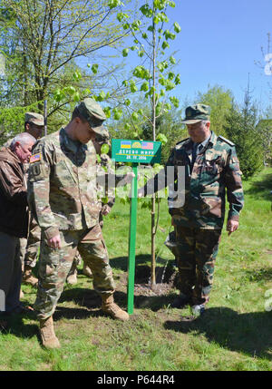 Il cap. Casey Miller (sinistra), team leader, ottantesimo gli affari civili Battaglione e Mykhailo Biliak (a destra), il Parco Nazionale di direttore della sede centrale, collocare un segno in corrispondenza della base dell'albero a leggere "Peace Tree" apr. 28, 2016 presso il Parco Nazionale di sede a Ivano-Frankove, Ucraina. La struttura ad albero è stato piantato un albero di tiglio, che tradizionalmente è simbolico per una lunga durata e una buona salute a dimostrazione del forte legame che JMTG-U ha con la comunità locale. (U.S. Foto dell'esercito da Staff Sgt. Adriana M. Diaz-Brown, decimo premere Camp la sede centrale) Foto Stock
