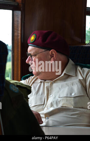 Un uomo vestito di WW2 uniforme militare che viaggiano su un treno a vapore durante la guerra sulla linea evento 2018 sulla metà Hants ferroviaria linea di crescione Foto Stock