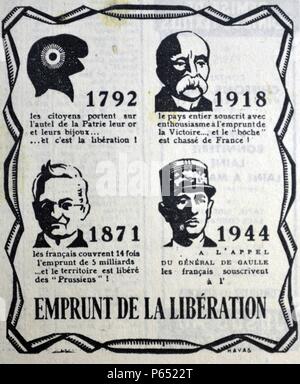 Poster raffiguranti gli eroi della lotta francese contro gli aggressori: in alto a sinistra: il cappuccio della libertà 1792;in alto a destra Georges Clemenceau;in basso a sinistra: Adolphe Thiers comune di Parigi;e in fondo a destra il generale de Gaulle durante la seconda guerra mondiale. Foto Stock