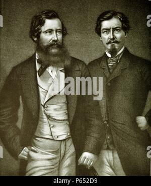 Speke (sinistra) e Grant (destra) all' inizio della loro spedizione 1860, che ha risolto il problema delle sorgenti del Nilo. John Hanning Speke (1827 - 1864). Explorer associata alla ricerca per la sorgente del Nilo e la scoperta e la denominazione di Lake Victoria visto qui con James Grant, (1827 - 1892), Scottish explorer orientale dell Africa equatoriale. Foto Stock