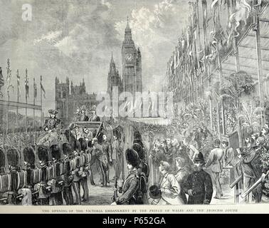 Incisione di apertura della Victoria Embankment dal Principe di Galles (Edward VII (1841- 1910) e la principessa Louise (Louise Victoria Alexandra Dagmar (1867 - 1931). Datata 1870 Foto Stock