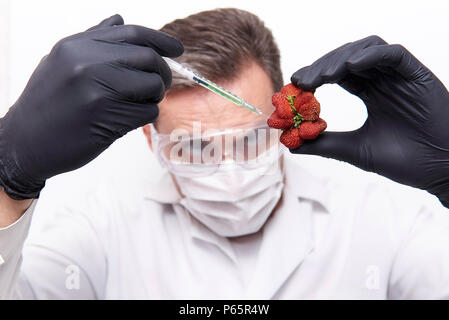 In una fragola di forma insolita, uno scienziato in occhiali protettivi, una maschera e guanti di protezione rende una iniezione su uno sfondo bianco. Foto Stock