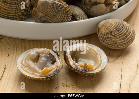 Il piatto con il crudo fresco presenta verrucosa vongole per un pasto, una aperta nella parte anteriore Foto Stock