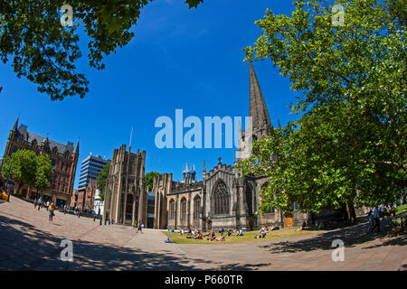 Sheffield Cathedral, Vista fisheye Foto Stock