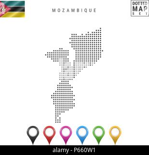 Pattern a punti mappa vettoriale del Mozambico. Silhouette stilizzata del Mozambico. Bandiera del Mozambico. Variopinto i marcatori mappa Illustrazione Vettoriale