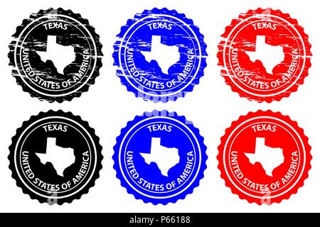Texas - timbro di gomma - vettore, Texas (Stati Uniti d'America) Mappa del modello - adesivo - nero, blu e rosso Illustrazione Vettoriale
